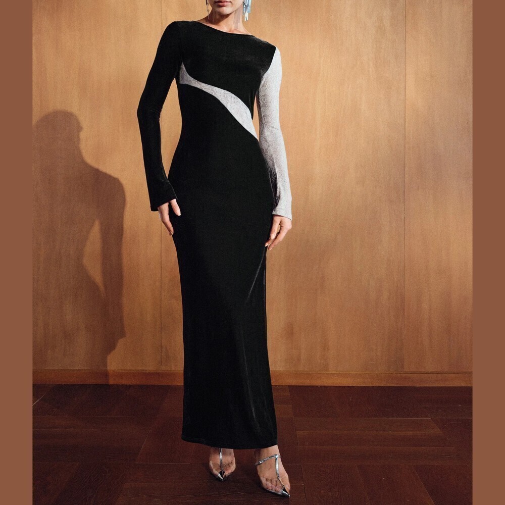 Black and White Colorblock Velvet Boat Neck Long Sleeve Maxi Dress